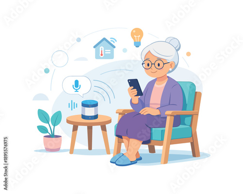 Elderly woman using smart home voice assistant technology for communication