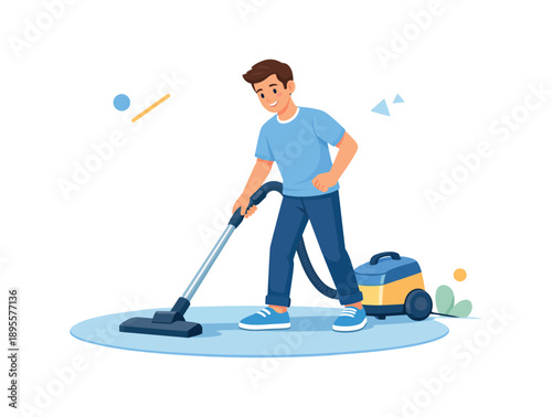 Man vacuuming the floor for home cleaning in modern style