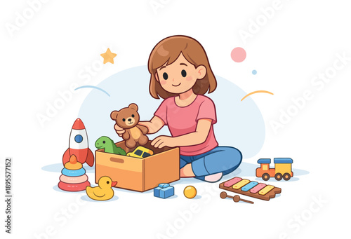 Child playing with toys on floor in a playful and cheerful setting