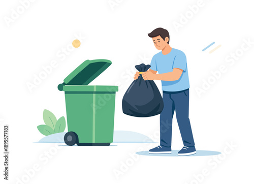 Man disposing garbage in bin for waste management and recycling concept