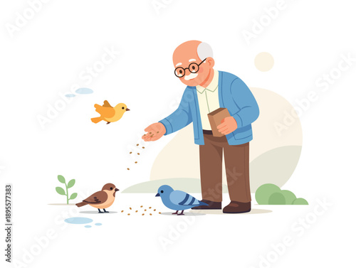 Elderly man feeding birds in park scene with trees and bushes