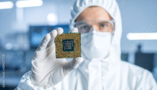 Scientist in cleanroom suit holding microchip between fingers emphasizing advanced semiconductor technology