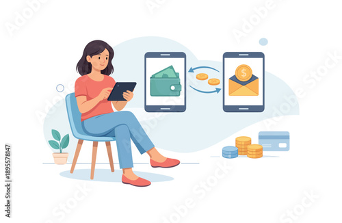 Woman using tablet for mobile money transfer in a digital payment concept