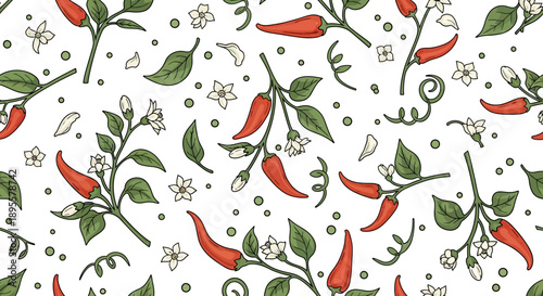 Vibrant illustration of chili peppers, green leaves, and small white flowers creating lively botanical pattern design