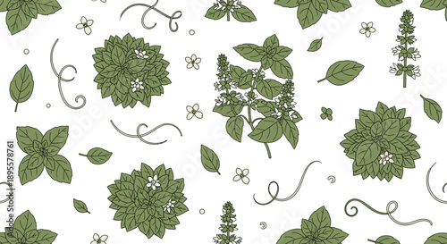 Herbal botanical pattern with detailed green illustrations of various plants and foliage for natural, organic, and botanical