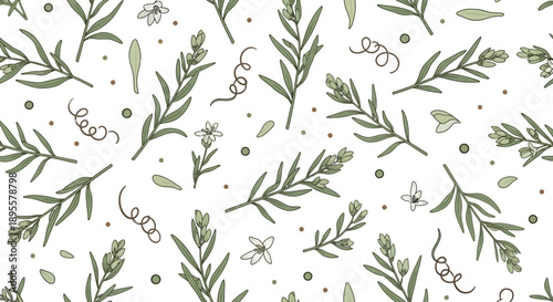 Elegant botanical pattern featuring various greenery and delicate floral accents for versatile design use