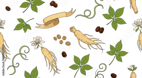 Seamless Pattern of Herbal Root Ingredients with Green Leaves and Seeds Ideal for Natural Product Design
