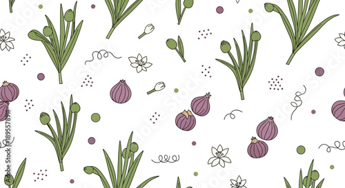 Seamless Pattern of Garlic, Green Greenery, Small Blossoms and Decorative Elements for Culinary or Nature Themes