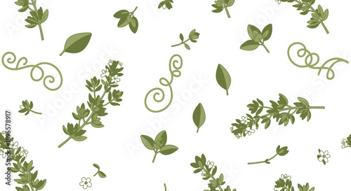 Pattern of Various Green Botanical Elements Including Leaves and Vines on White Background for Nature-Inspired Design
