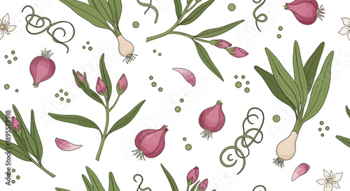 Delicate botanical illustration featuring garlic bulbs and flowering buds in a seamless pattern