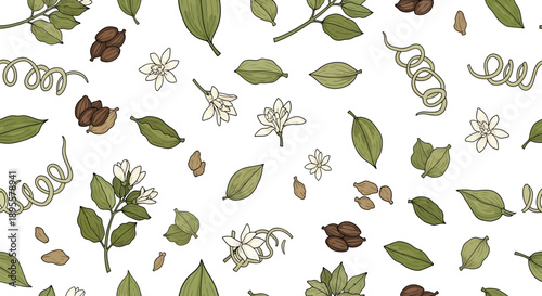 Seamless botanical pattern featuring green leaves white flowers seed pods and curling tendrils for fabric or wallpaper design