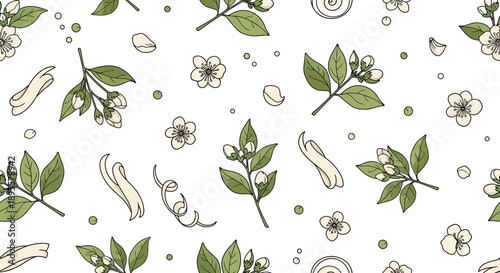 Delicate botanical pattern featuring fresh green leaves blooming white flowers and scattered petals on a clean background