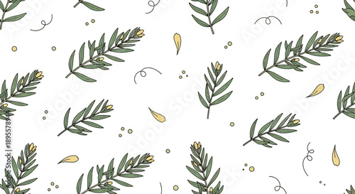 Seamless botanical pattern featuring detailed green leaves and delicate yellow petal accents for stylish design projects and