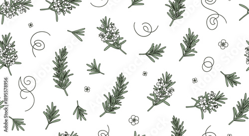 Delicate Hand-Drawn Botanical Pattern Featuring Varied Greenery and Floral Motifs for Elegant Design Projects
