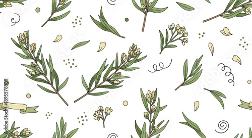 Elegant botanical seamless pattern featuring sprigs of eucalyptus with leaves and buds for design projects