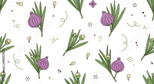 Elegant seamless pattern featuring delicate purple tulips and assorted floral elements ideal for textiles or decorative designs
