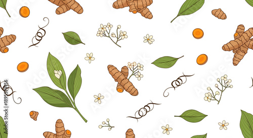 Seamless Pattern of Fresh Ginger Roots Green Leaves and Tiny Flowers for Culinary and Herbal Design