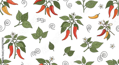 Vibrant chili pepper plant with blooming flowers and fresh leaves in a lively botanical pattern suitable for various creative