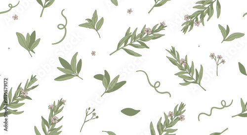 Elegant botanical pattern featuring delicate green leaves and small pink flowers on a white background for seamless design