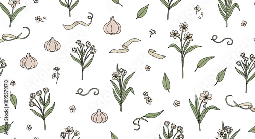 Delicate botanical pattern featuring garlic bulbs, small flowers, and leafy sprigs in soft muted tones for elegant natural design