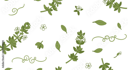 Delicate green floral pattern with intertwining vines and scattered leaves for elegant botanical designs