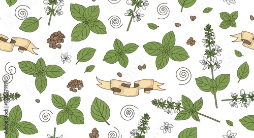 Seamless Pattern of Herbal and Botanical Elements with Flowers and Leaves for Natural Design and Eco-Friendly Themes