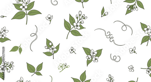 Delicate botanical pattern featuring green leaves, small flowers, and flowing tendrils on a white background for elegant