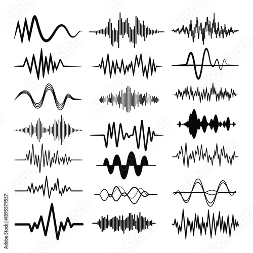 Collection of various sound wave patterns and audio signal graphics on white background