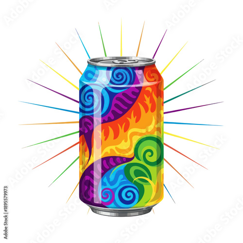 Colorful Abstract Soda Can with Rainbow Radiating Lines