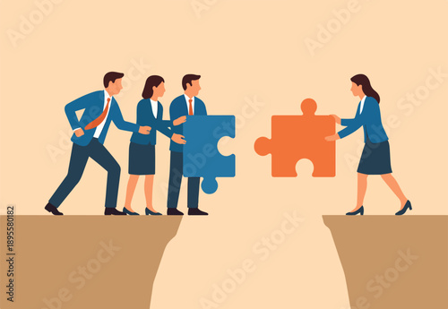 Solution or teamwork to solve problem together, cooperation or collaborate to success in work, partnership concept, business people connect jigsaw piece together to build the bridge to cross the gap.