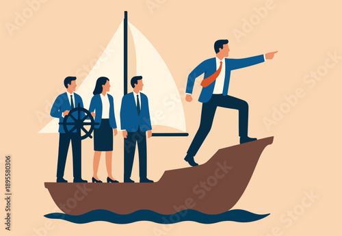 Team direction, business decision or leadership, guidance or strategy to achieve success, determination and inspiration concept, business people team members sailing ship on boss pointing direction.