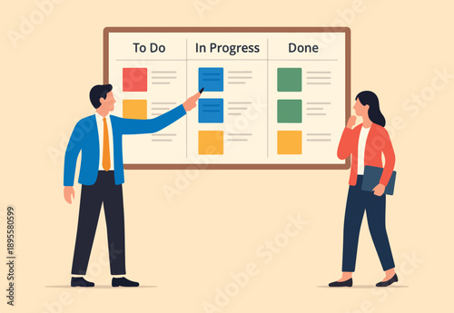 : Review work progress on kanban board, todo list, in progress task and finished one, project management or planning for production concept, business people review project progress on kanban board.
