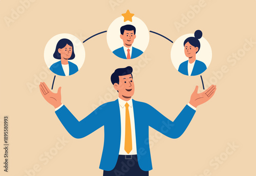 Talent or employee management, HR human resources to control staff, worker or discover new recruitment candidate concept professional businessman manager juggling employees to choose winner candidate.