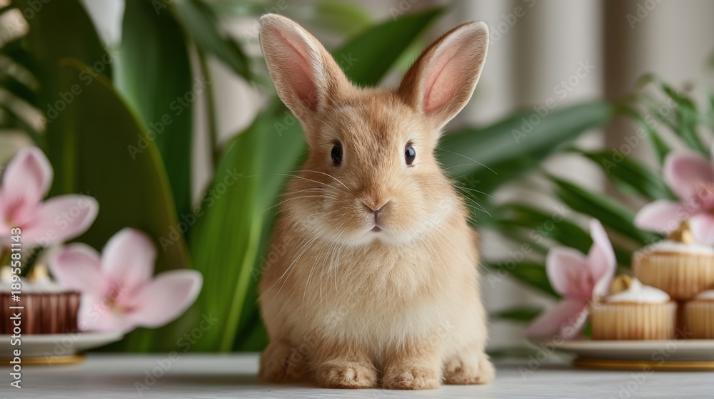 Obraz premium Adorable fluffy rabbit posing amidst pink flowers and delicious cupcakes, capturing a warm, cheerful atmosphere of celebration and joy in a cozy setting