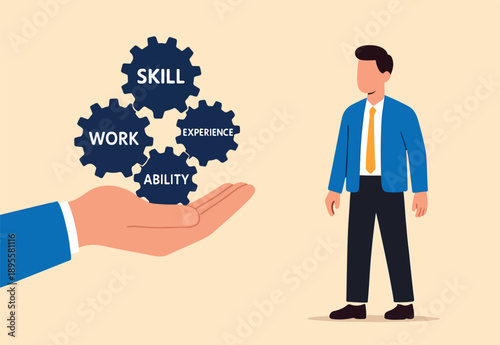  Skill, work experience or ability development, expertise success, leadership or communication to success, learning skills, wisdom concept, businessman hand hold multiple skills set to achieve success