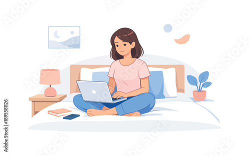 Girl with laptop on bed in relaxed setting, flat vector illustration