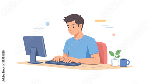 Man typing on computer at desk, flat vector illustration