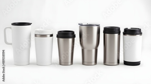 Wallpaper Mural Collection of assorted coffee cups and travel mugs on a plain white surface viewed from the front Torontodigital.ca