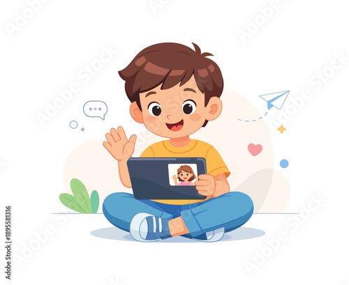 Kid waving at screen while video calling on tablet, flat vector illustration