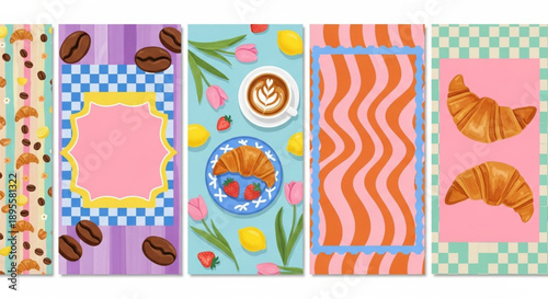 National Croissant Day Captivating collection of vertical story templates showcasing delicious breakfast pastries, coffee, and fresh fruits with vibrant patterns for a charming morning theme