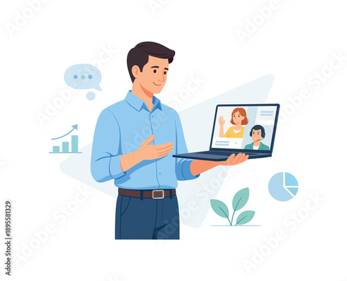 Man presenting virtual meeting on laptop, flat vector illustration