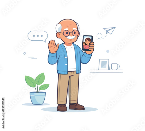 Senior man video calling on smartphone, flat vector illustration
