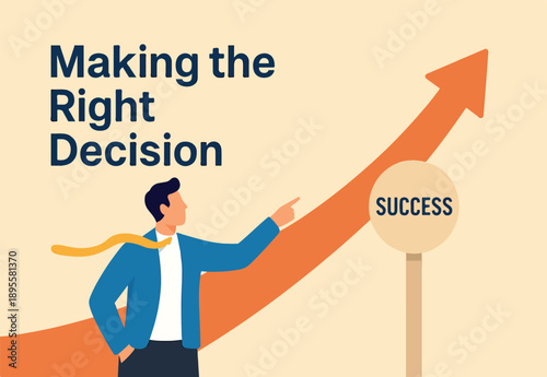  Making decision to the right path, determination or choice selection, leadership or ambition to success, opportunity choices, confidence businessman make decision pointing finger to success path.