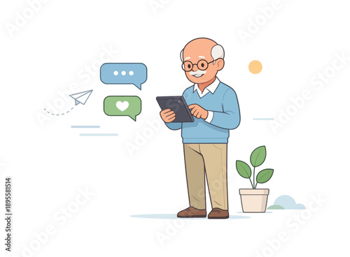 Elderly man using tablet with chat icons, flat vector illustration