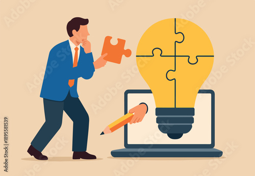  Problem solver, get solution to overcome difficulty, idea, creativity or innovation to fix problem or trouble concept, smart businessman solving lightbulb idea puzzle by connecting last jigsaw piece