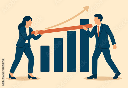  Raise the bar increase standard or benchmark for business improvement, growth or growing process, increase expectation, profit or assessment concept, business people raise the bar on graph diagram.