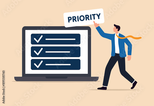 Priority work moving urgent and important task on top, planning with urgency list, critical or deadline work to be done, project planning concept, businessman move priority task on computer laptop