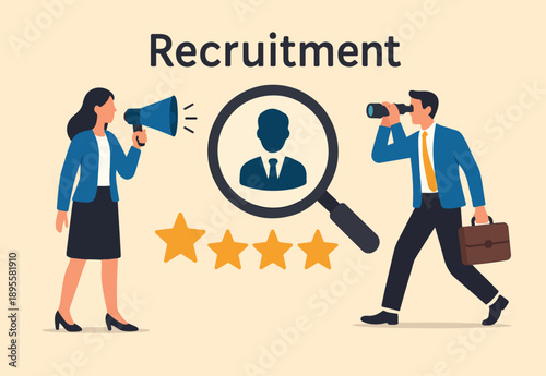  Recruitment, human resources searching for candidate, hiring or finding staff for vacancy, marketing search for client or customer concept, business people searching with binoculars and megaphone.