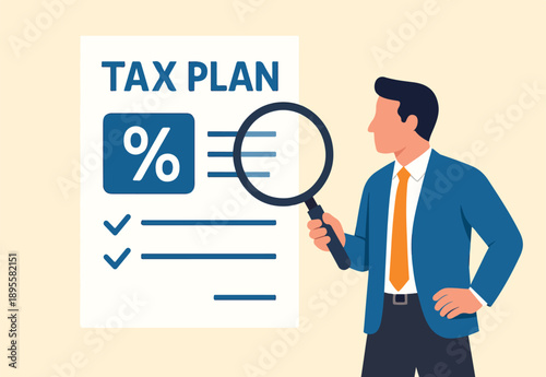 Tax planning, financial strategy for tax optimization, reduction or refund, income or revenue management, taxation or calculation concept, businessman with magnifying glass analyze tax plan document.