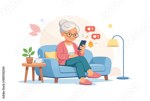 Elderly woman using smartphone on sofa, flat vector illustration